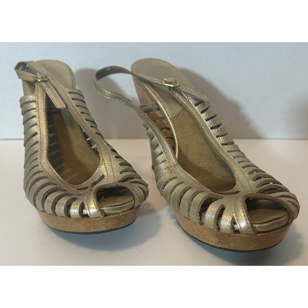 Michael Kors Gold Strappy Slingback Wedge Heels (Size 9.5M)